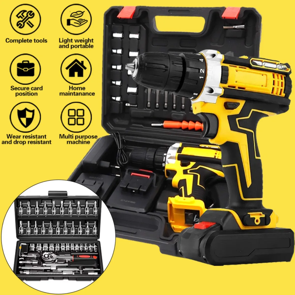 مجموعة أدوات الحفر 36 فولت: بطاريتين + شاحن سريع، حقيبة محمولة مع مصابيح عمل، سرعتين قابلة للتعديل