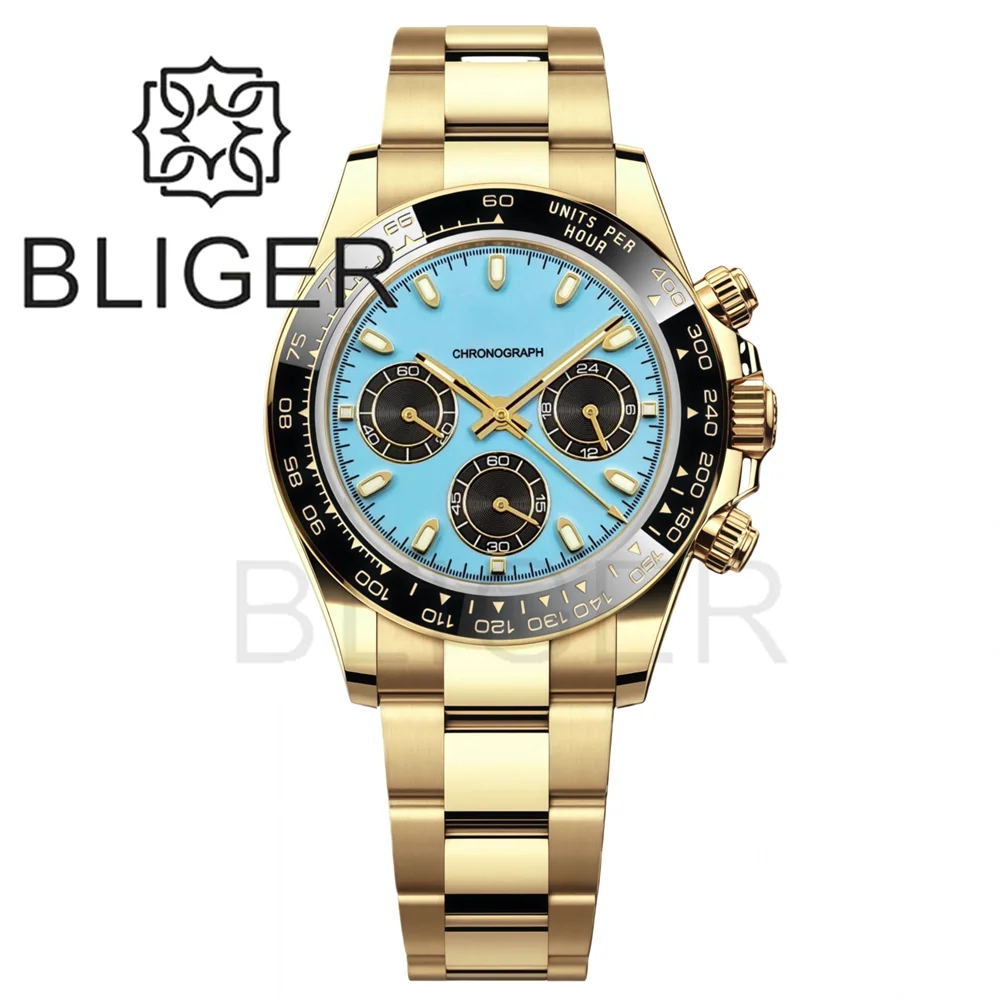 BLIGER Sky Blue Dial Luxury Full Gold VK63 Quartz Chronograph Watches For Men Sapphire Stainless Steel Polished Center Bracelet