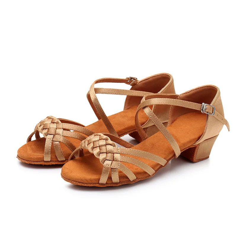 New children's woven Latin dance shoes, girls' high heels, satin, Chinese knot dance practice shoes, one piece hair replacement
