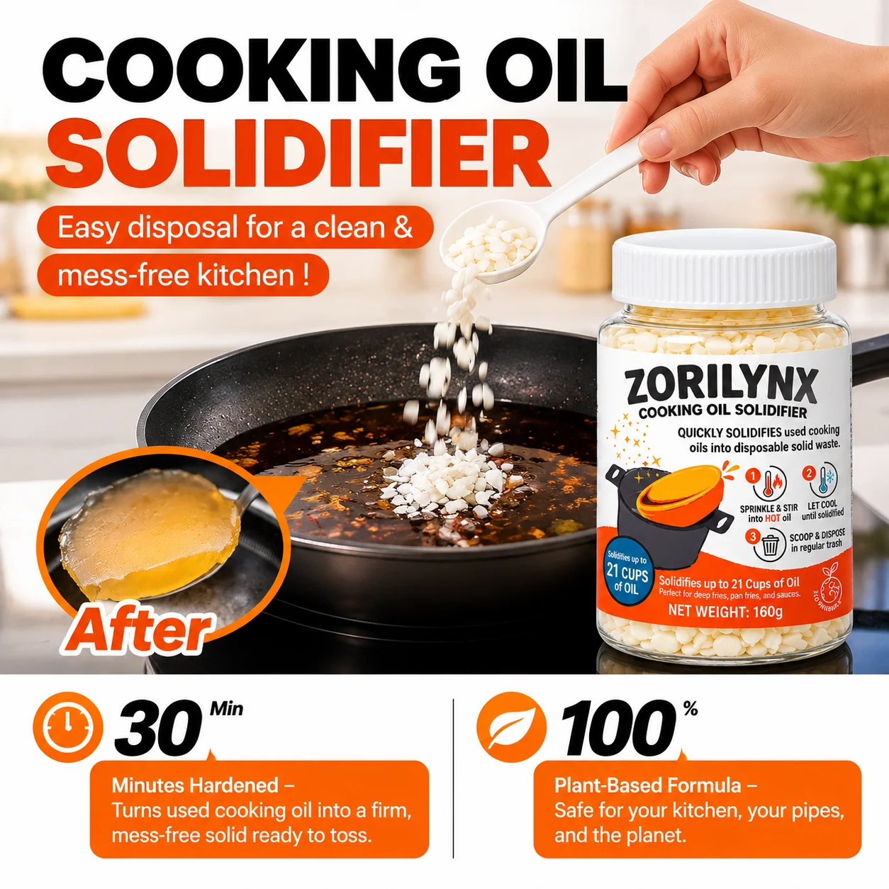 ZORILYNX Used Cooking Oil Solidifier Flakes with Spoon, Quick Grease HardenerPowder for Fryer Pan Oil Clean Waste Disposal