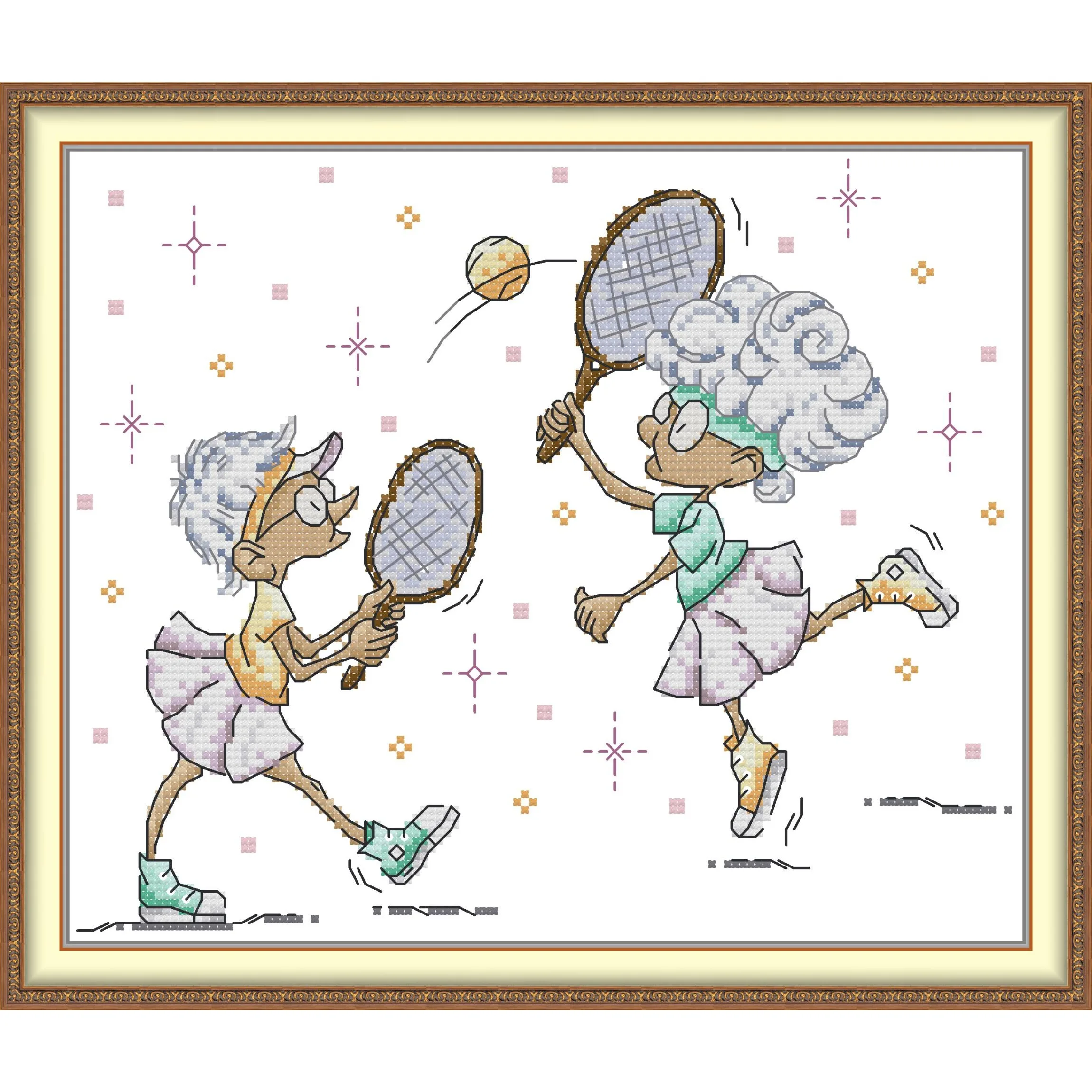 News Pre-Printed Cross Stitch Kit, Stamped Aida Fabric With DMC Threads, Embroidery Kit - Play Tennis