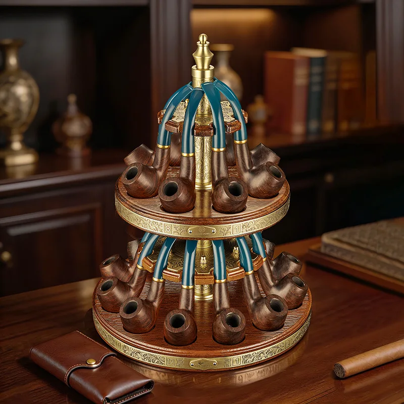 Eggplant Dragon Pipe Rack Multiple Rotating Pipe Display Rack Solid Wood Bronze Pipe Rack Creative Retro YDJ-020