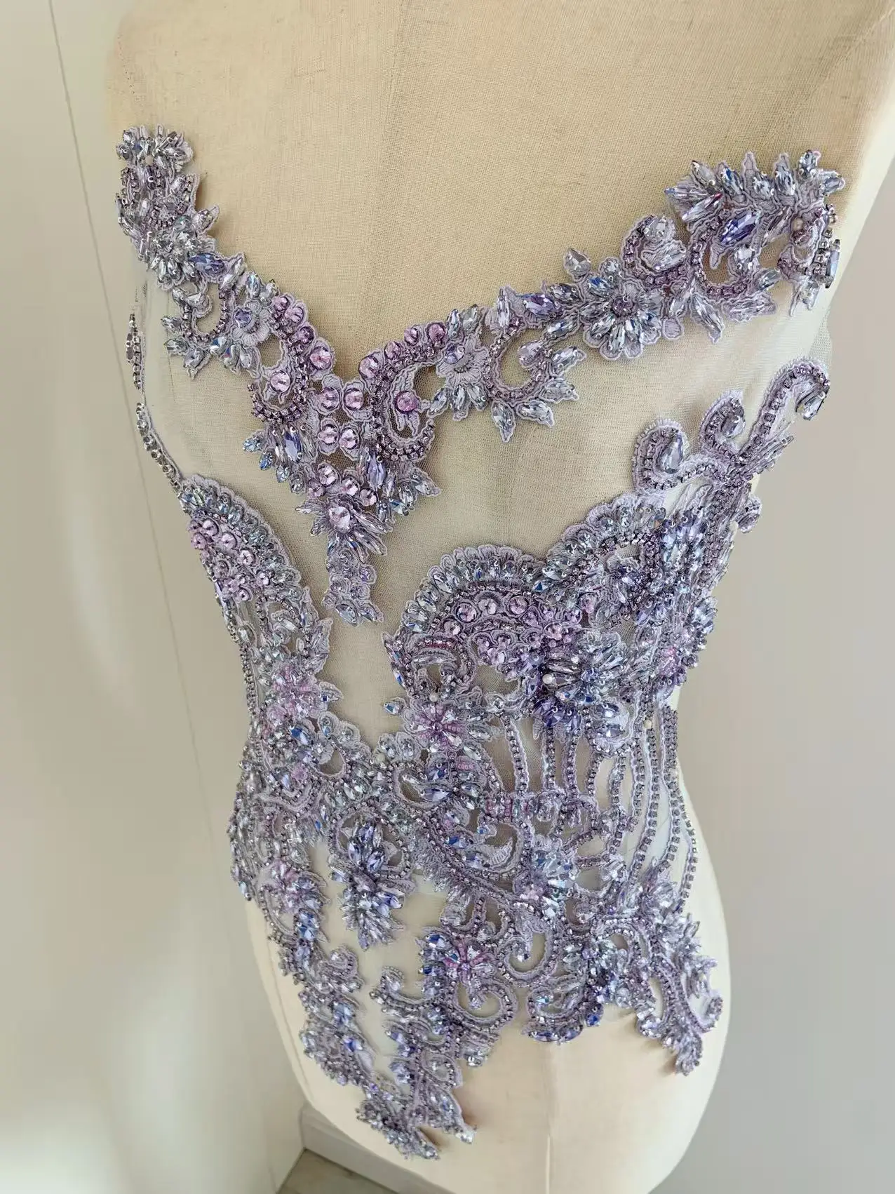 1 Piece Large Purple Sparking Rhinestone Applique Crystal Beads Bodice Patch for Wedding Dress,Couture Sew on,Dance Costume
