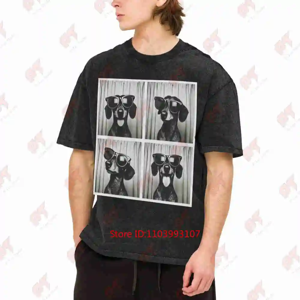 Dachshund Photo Booth Funny Sunglasses Vintage Washed Tee Pure Cotton T-Shirt