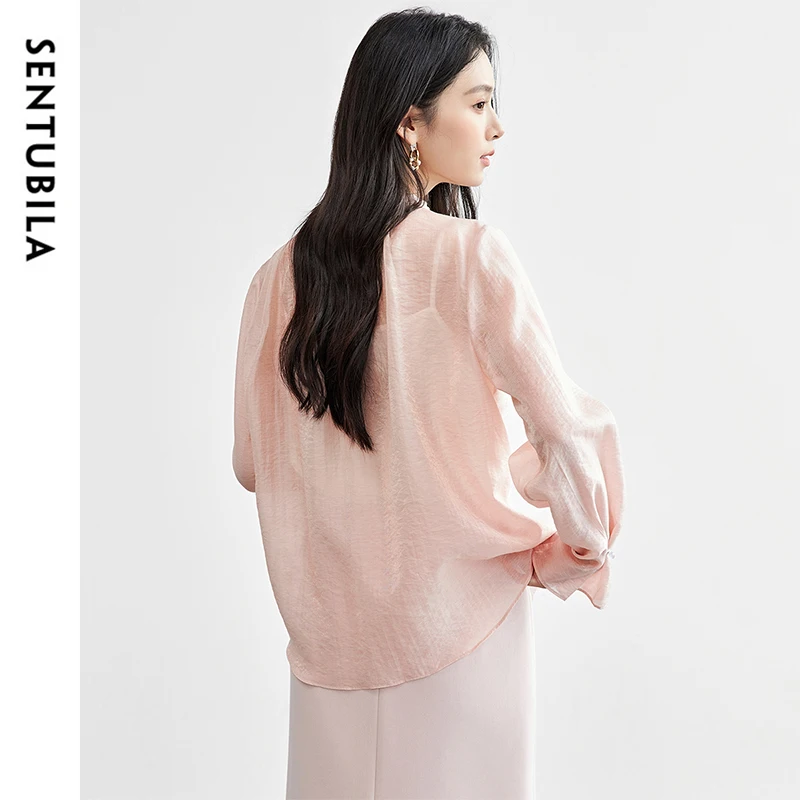 SENTUBILA Spring Women's Blouse Lyocell Ruffles Neck Petal Sleeve Folds Elegant Office Lady Loose Fit Shirts 2025 New 151C57887