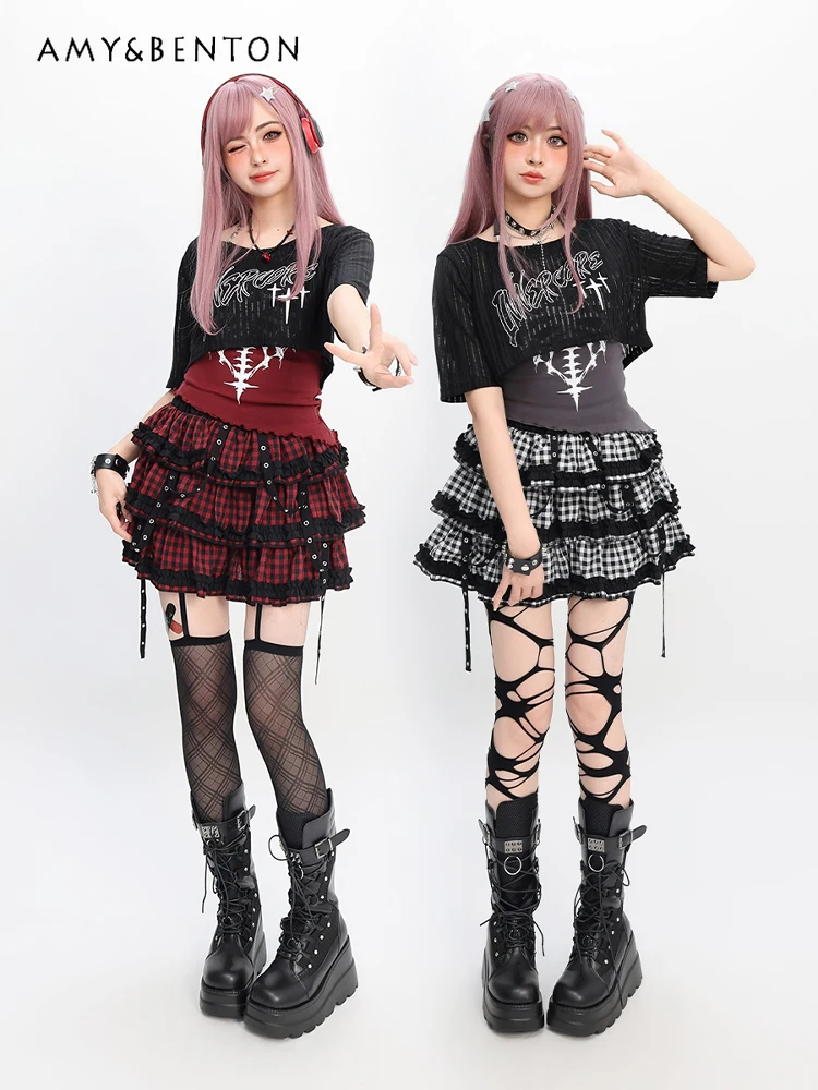 

Subculture Y2K Goth Skirt Sets Street Punk Style Short-sleeved Jacket Halter Vest Elastic Waist Plaid Tutu Skirt Three-piece Set