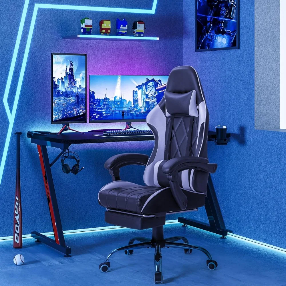 Gaming Chair with Footrest, Massage Lumbar Support, Swivel Seat and Headrest, Ergonomic High Back Video Game Chair