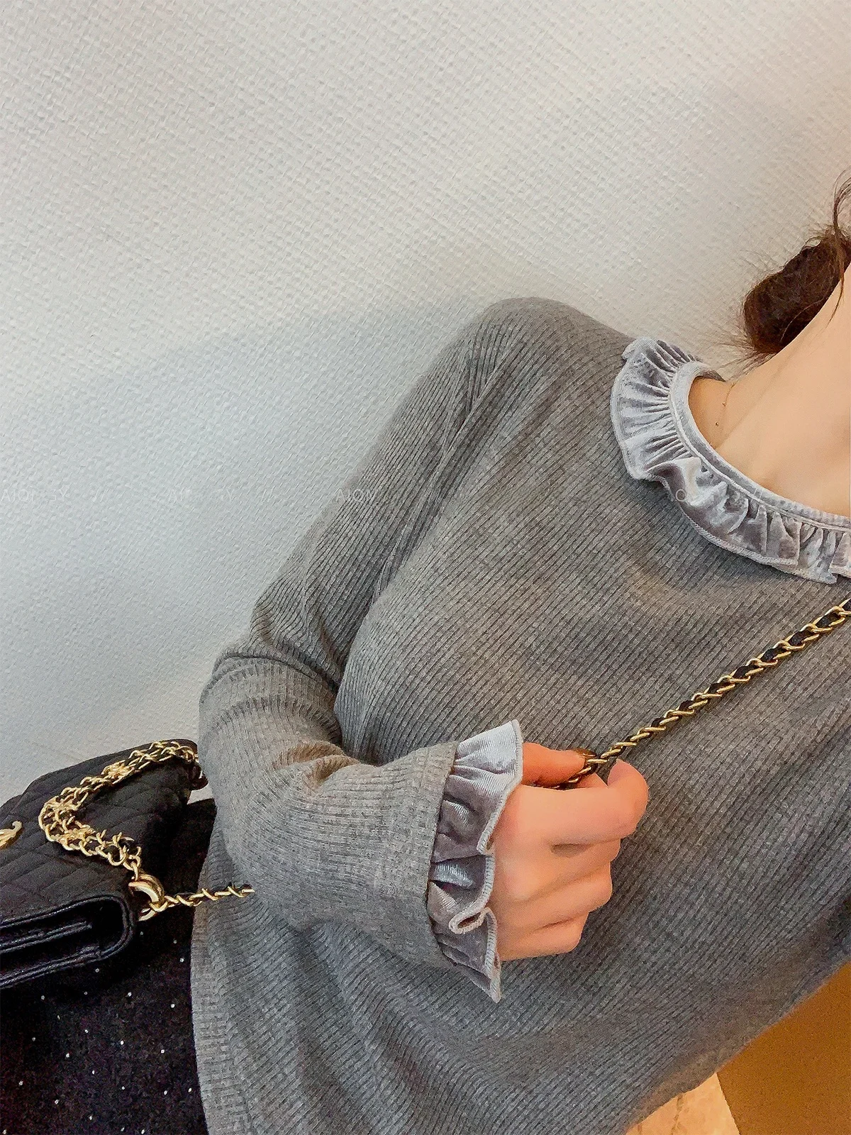 

Love Devil Fi Design Long Sve Knitted T-irt Women's Base Layer Top Winter New Sle Splice Me Korean Sle