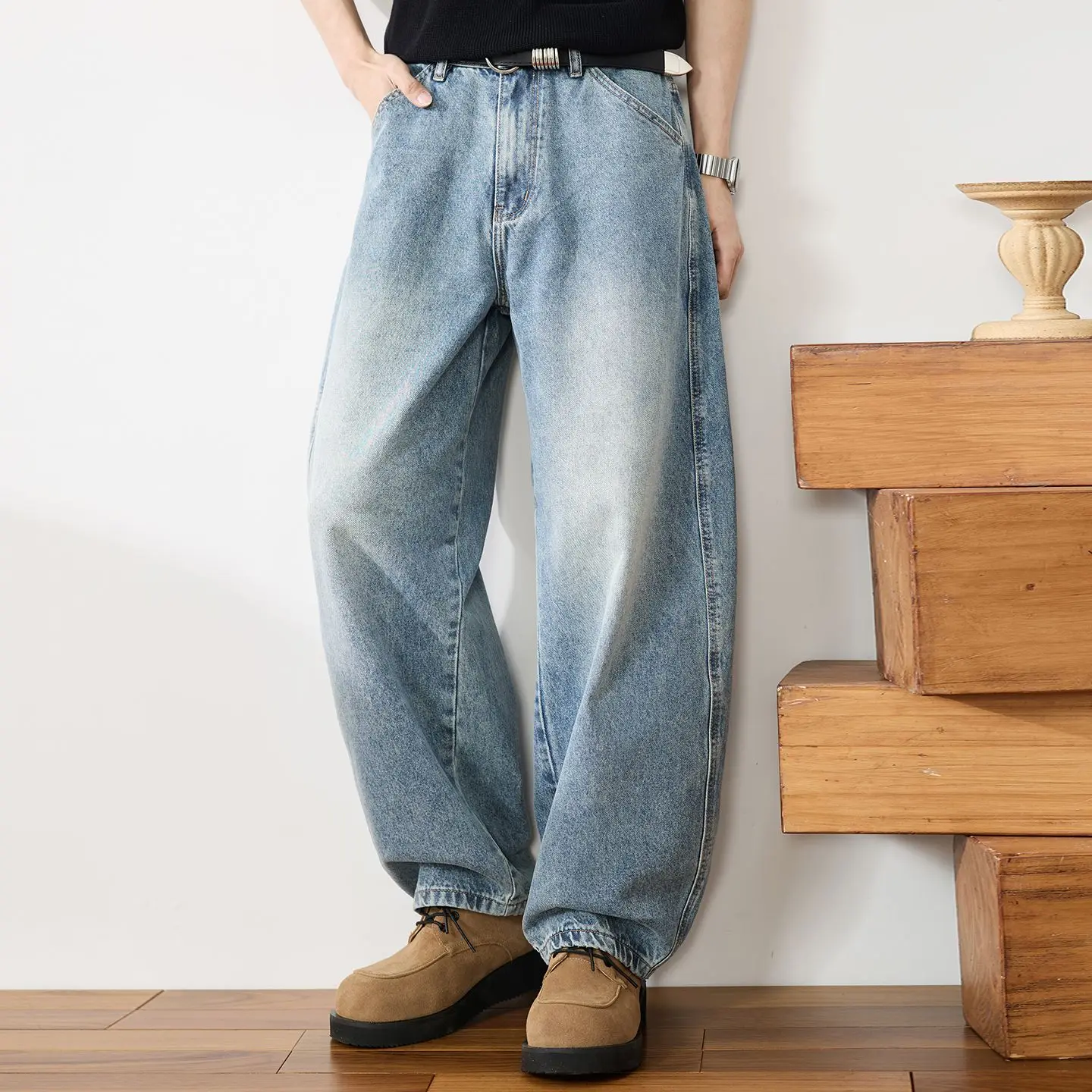 American Retro Washed Wide-Leg Jeans for Men, New Autumn Trendy Loose Low-Waist Straight Long Pants, Versatile Men's Blue Pants