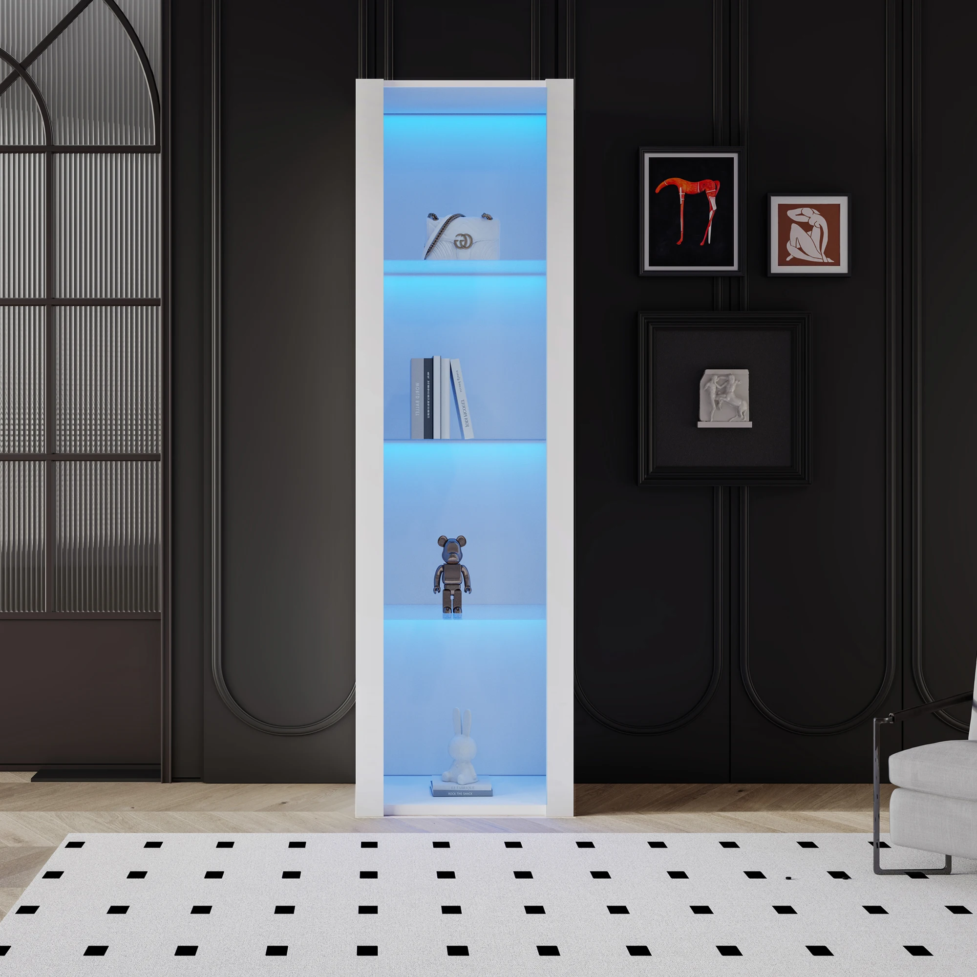 KOMHTOM Hochglanz-Vitrine 55x38x166 cm mit LED-Beleuchtung, 3 Glasböden, geeignet als Standvitrine, Hochschrank oder Lagerschran