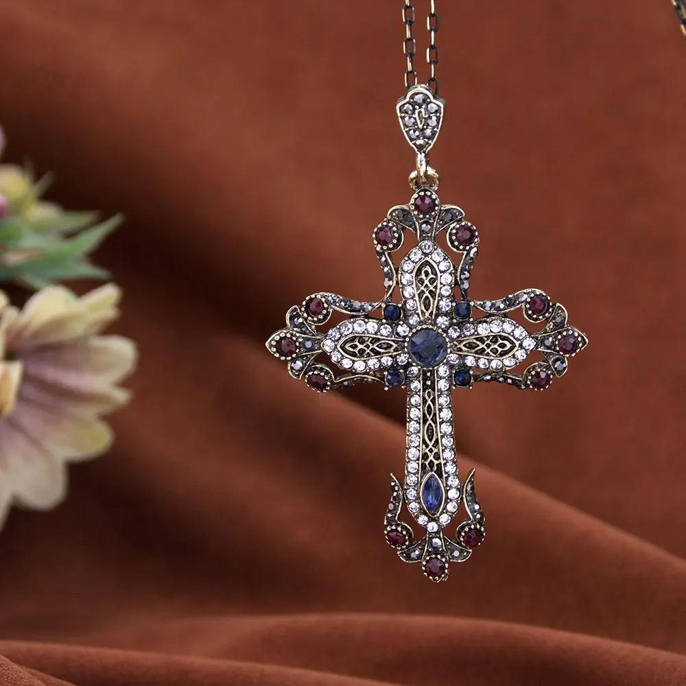 Sunspicems Vintage Flower Cross Necklace For Women Religious Jewelry Antique Gold Color Turkish Cross Pendant Necklace