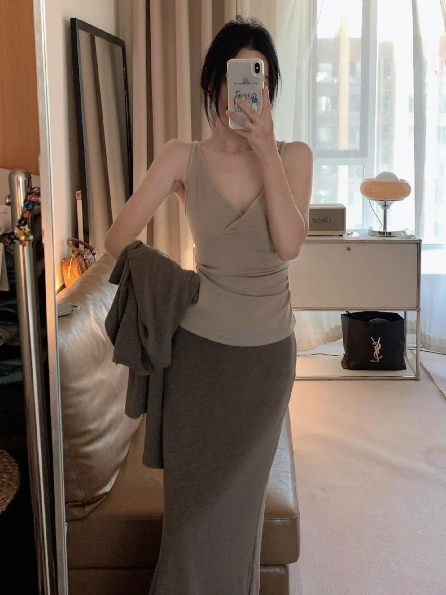 Pure Color Short Sleeveless V-neck Cardigan Crossbody Strap Straight-cut Long Skirt Set Early Autumn Sexy Pure Desire Set