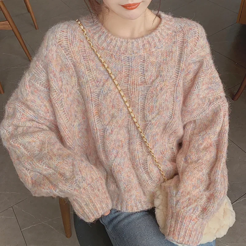

Japanese Soft Milk Pink Fried Dough Twists Sweater Women's Net Red Lazy Style Short Knitting Blouse