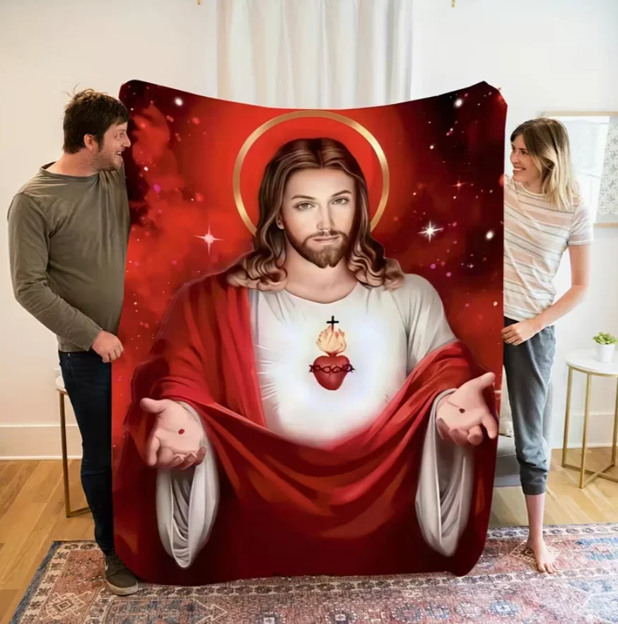 Jesus Flannel Blanket] Warm and Comfortable Sacred Jesus Sacred Heart Flannel Blanket | Religious Theme Blankets
