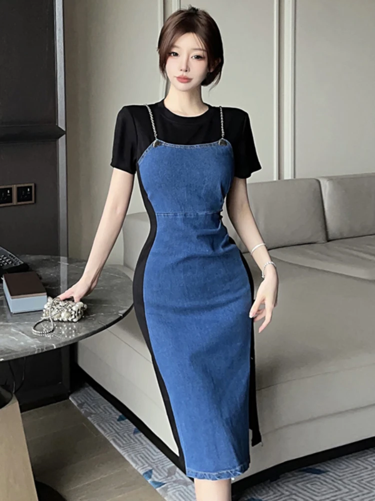 French Commuter Fake 2-Piece Denim Dress Women's 2024 Summer New  Stitching Chain Sling Split Slim-fit Sexy Mid-Length Hip Skirt