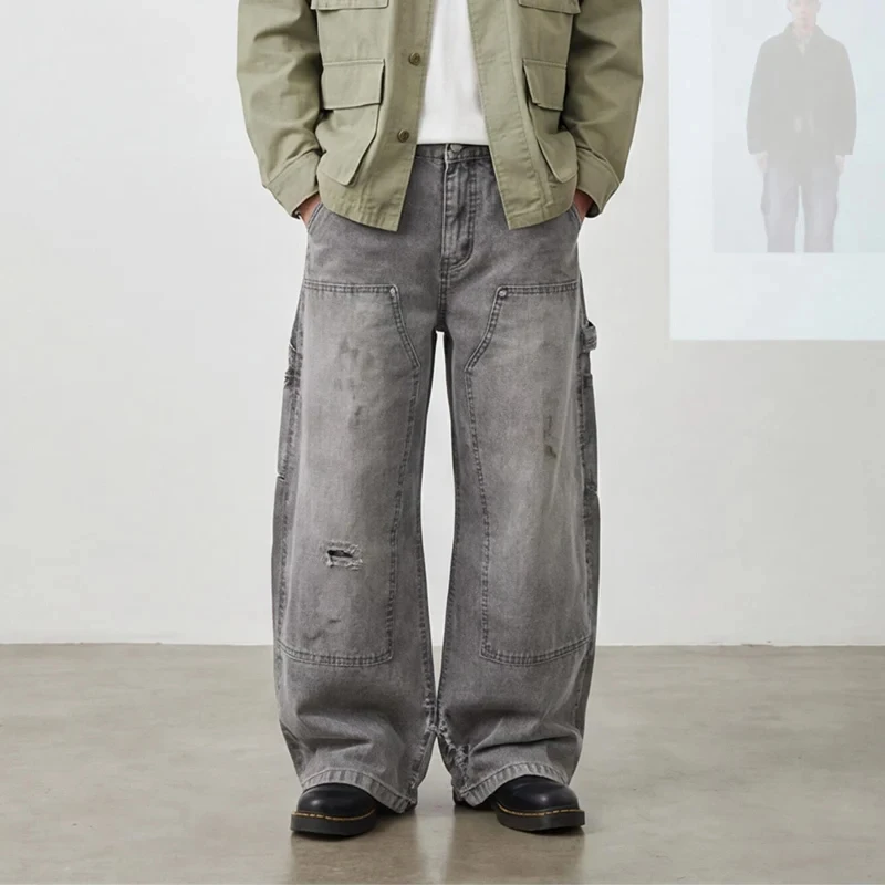 American Style Deconstructed Silhouette Distressed Men's Boot Cut Jeans Workwear Chic Loose Dirty Dyed Logging Denim Pants
