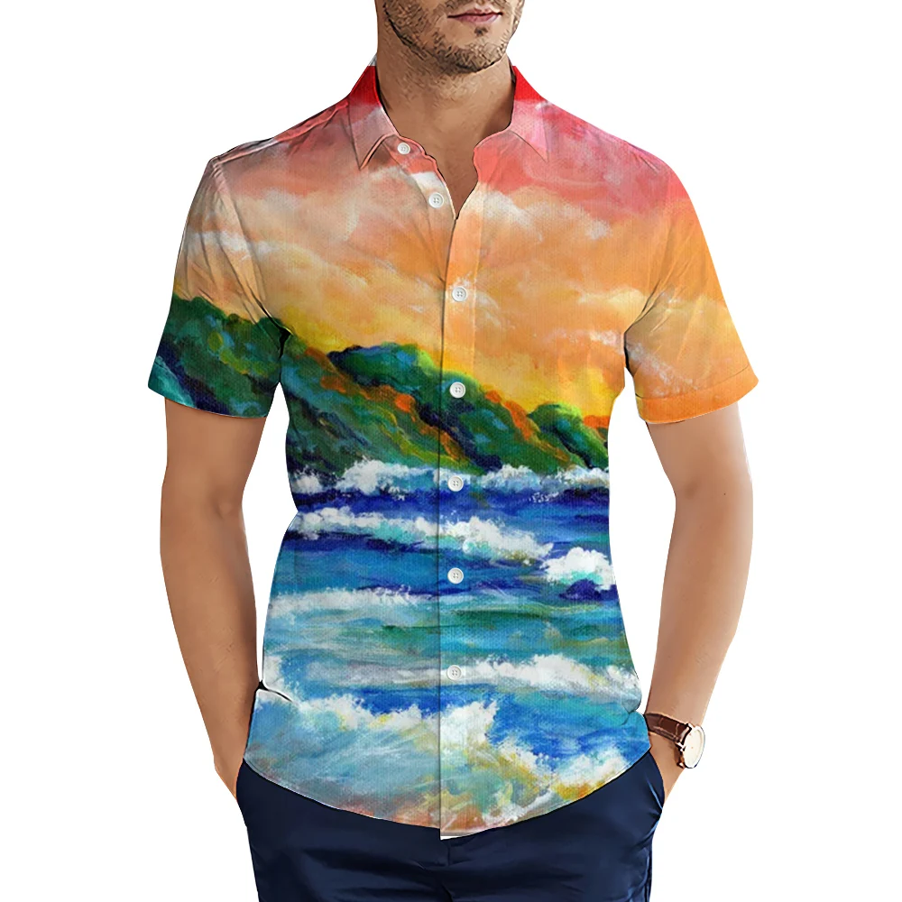 

HX Fashion Hawaii Shirts Island Dusk Waves 3D Printed Casual Shirts for Men Summer Short Sleeve Tops Camisas Dropshipping