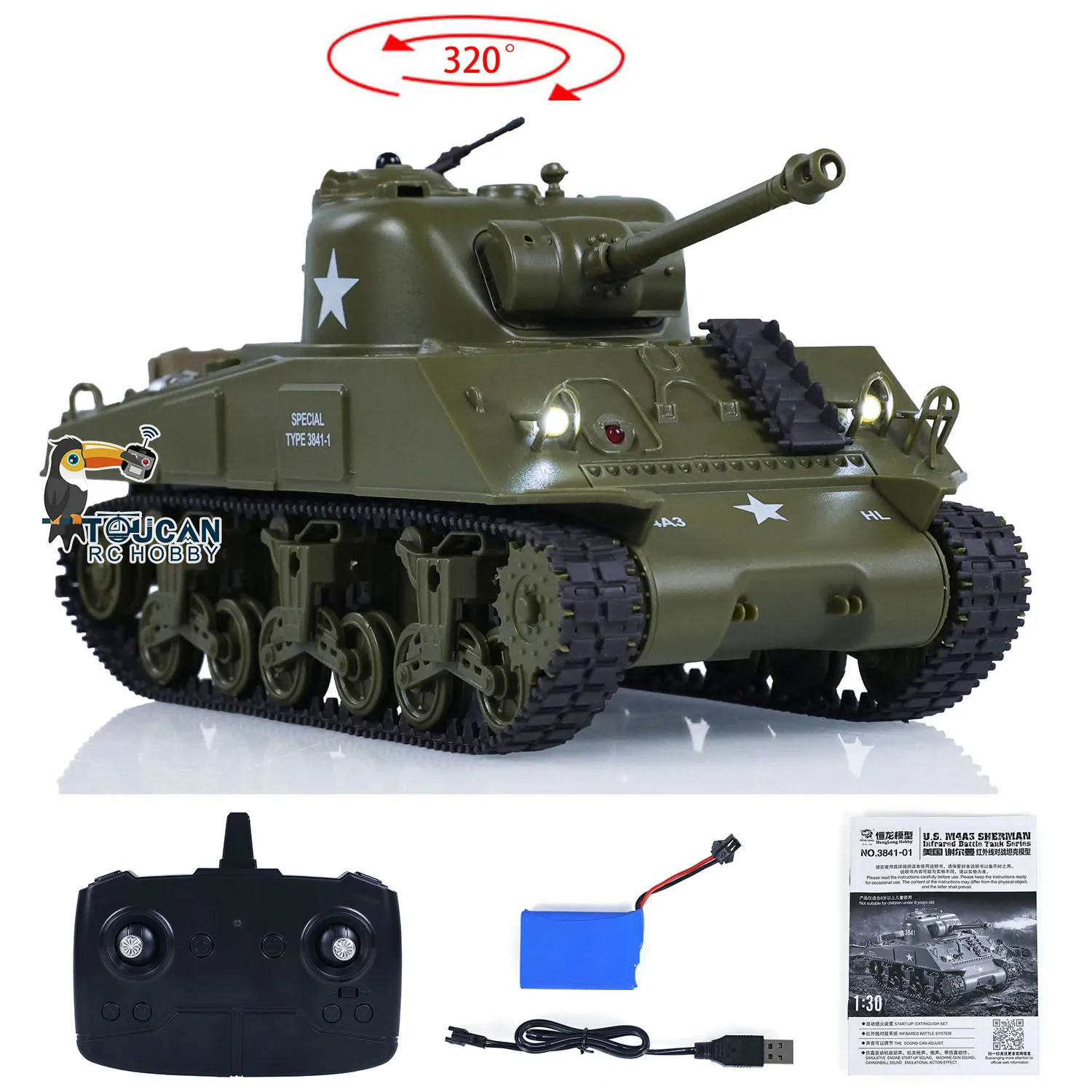 

Heng Long RC Tank Инфракрасный боевой танк масштаба 1/30 RC Battle Tank Пластиковая модель Sherman M4A3 3841-01 2,4G Игрушка с дистанционным управлением