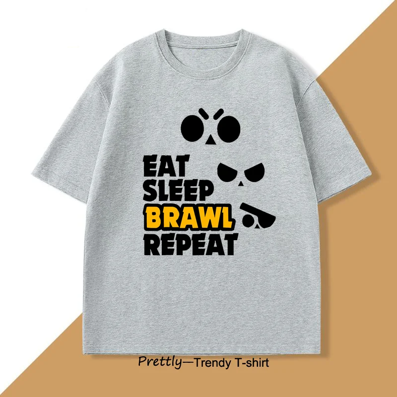 Eat Sleep Brawl Repeat T Shirt for Men Women Gamer Mobile Game Brawl Printed T-shirt Casual Cotton Short Sleeve Men's Clothing