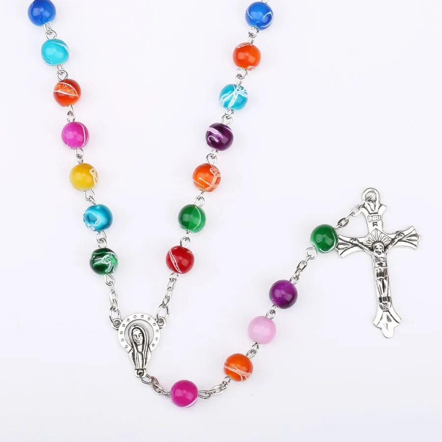 8MM Acrylic Prayer Bead Necklace For Women Crucifix Cross INRI Pendant Long Chain Girls Religion Christian Rosary Jewelry