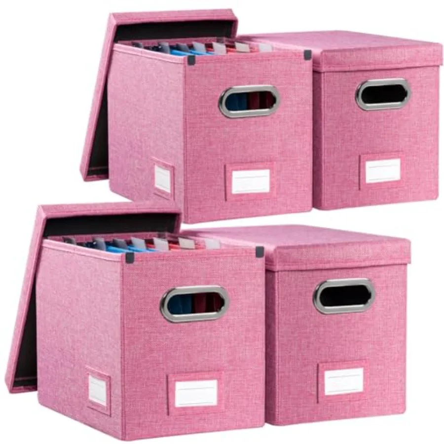 

File Organizer Box - Set of 4 Collapsible Decorative Linen Filing Storage Hanging File Folders with Lids Office Cabinet Letter