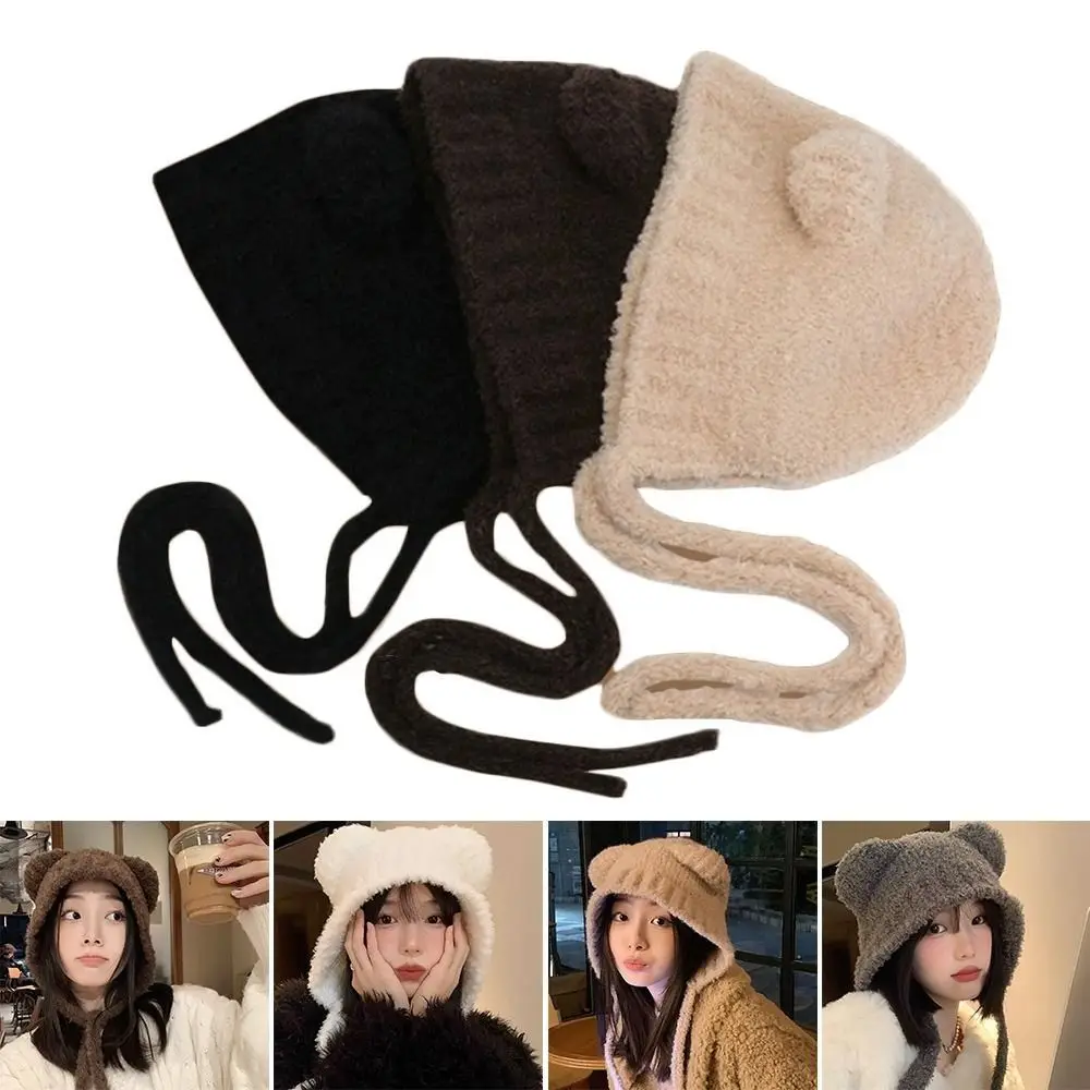 Soft Lace-up Bear Ears Knit Hat Slouchy Warm Ear Protection Hat Fleece Lined Cold-proof Beanie Cap Cold Weather