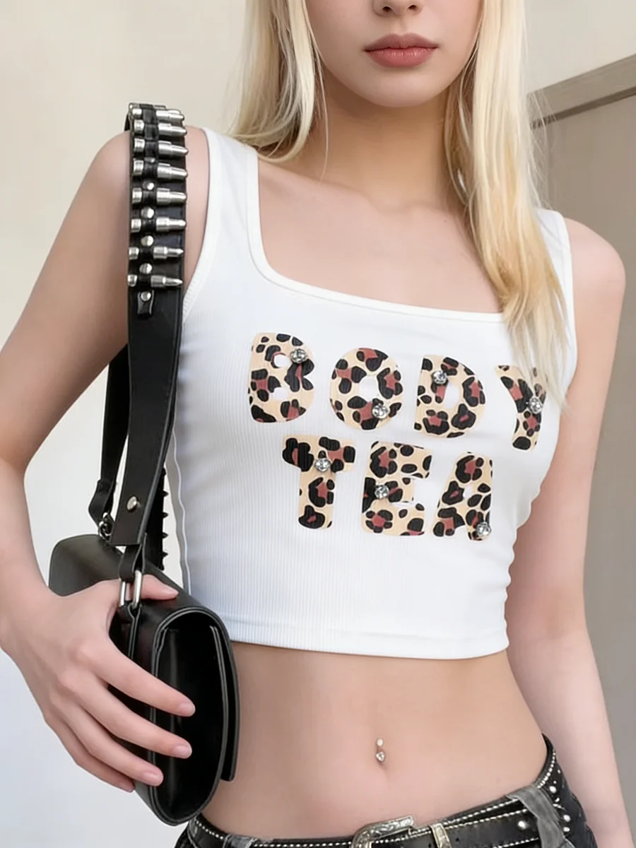 

Женский укороченный топ без рукавов с квадратным вырезом, белый, в рубчик, с леопардовым принтом, буквами и стразами, весна-лето, повседневный, сексуальный, на каждый день