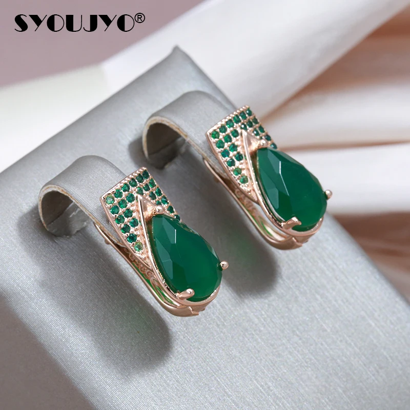 SYOUJYO Water Drop Dark Green Opal English Earrings For Women 585 Rose Gold Color Fine Jewelry Natural Zircon Full Paved Earring