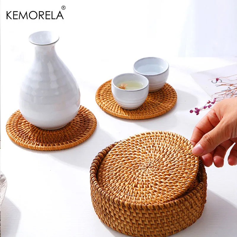 KEMORELA 1PC Round Natural Rattan Coasters Bowl Pad Handmade