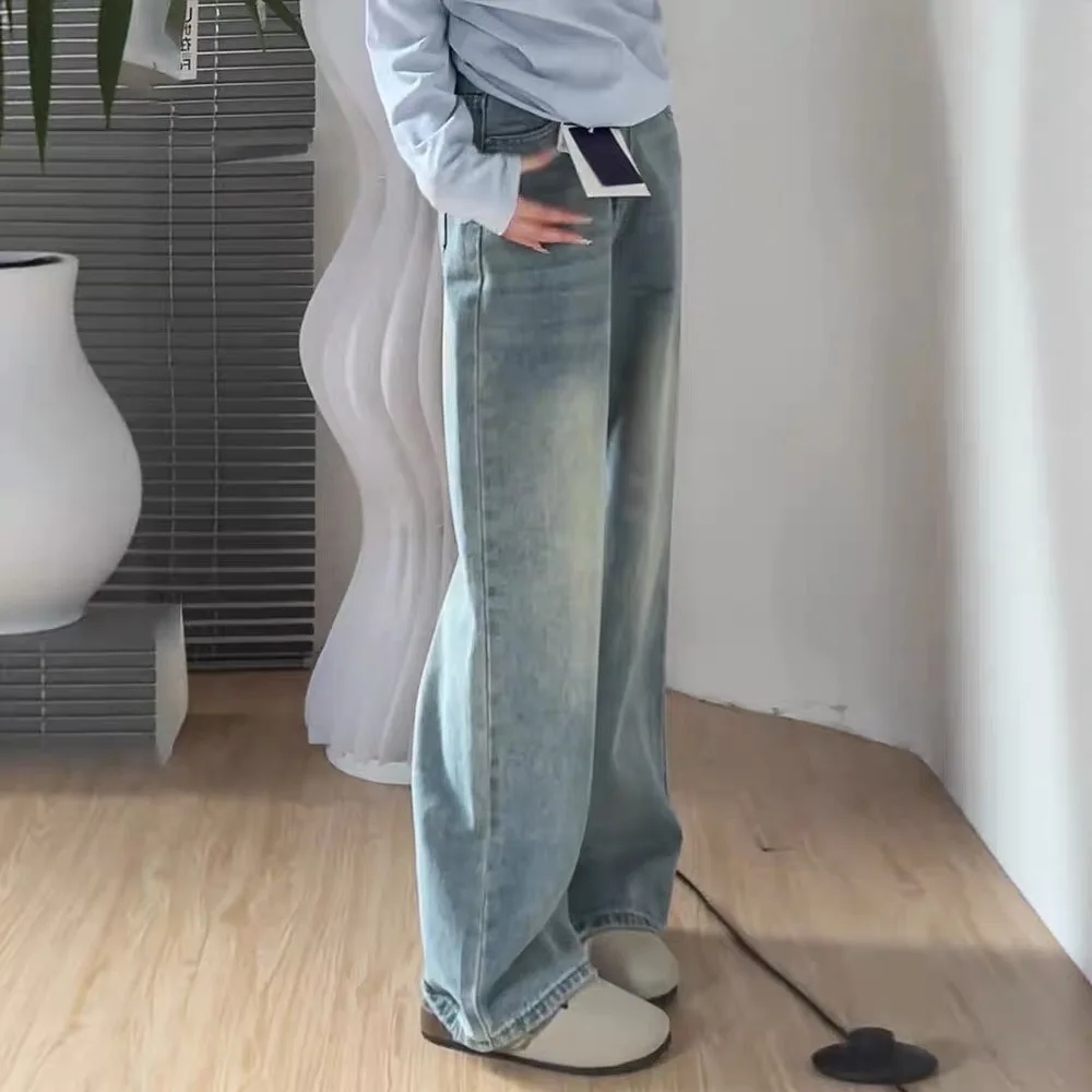 Retro Wide Leg Denim Jeans Women's Summer New Style Pear Body Shape Loose Feel Slim Straight Tube Pants High Waist Zipper