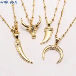 MHS.SUN Fashion Design Horns/Moon Pendant Necklaces Cubic Zircon Gold Plated Choker Chain Statement Jewelry For Woman Men