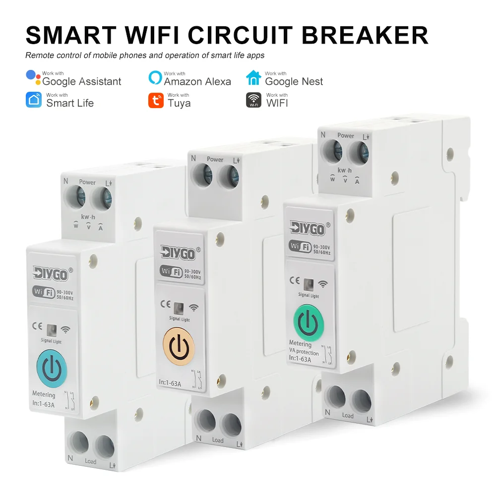WiFi Smart 1P+N MCB Circuit Breaker 1-63A Tuya Smartlife Remote Control Kwh Metering Monitoring Voltage Protection Timer Relay