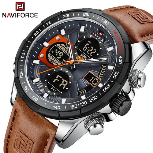 NAVIFORCE-relojes deportivos para hombre, pulsera de cuero genuino de cuarzo resistente al agua con pantalla Dual luminosa fuerte, Masculino, 2022