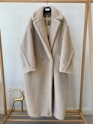 New Luxury Teddy Bear Coat Women Mid-length Cashmere Natural Wool Fur Coat Loose Silhouette Lapel Long Sleeve Jacket Fit Winter