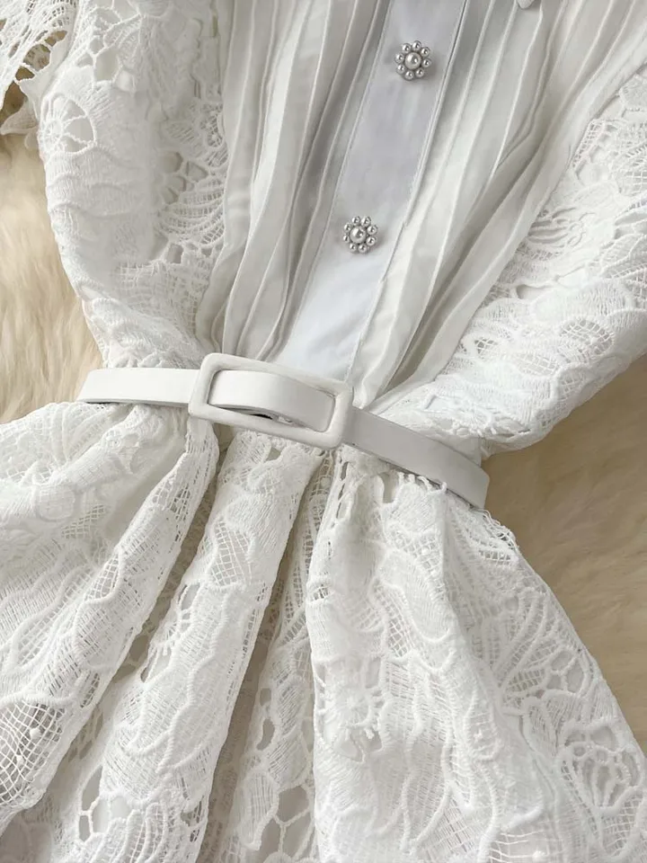 Luxury Lace Hollow out Long dress for women 2025 Summer Sexy Short sleeve  dresses with belt Elegant White Party INKEO 4D018 - AliExpress 200000345