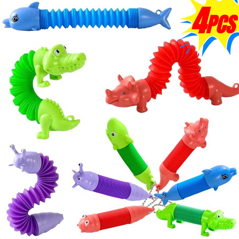 4 Stuks Creatieve Kinderen Variatie Decompressie Buis Speelgoed Dinosaurus Haai Cartoon Dier Diy Stretch Speelgoed Sleutelhanger Geschenken