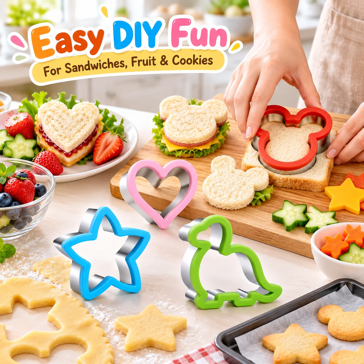 4-teiliges Sandwich-Ausstecher-Set aus Edelstahl, rutschfest, mit Dinosaurier-, Bären-, Herz- und Sternformen für Brot, Kekse, Kinderfeiern, Feiertage und Backen zu Hause. – Detail 4