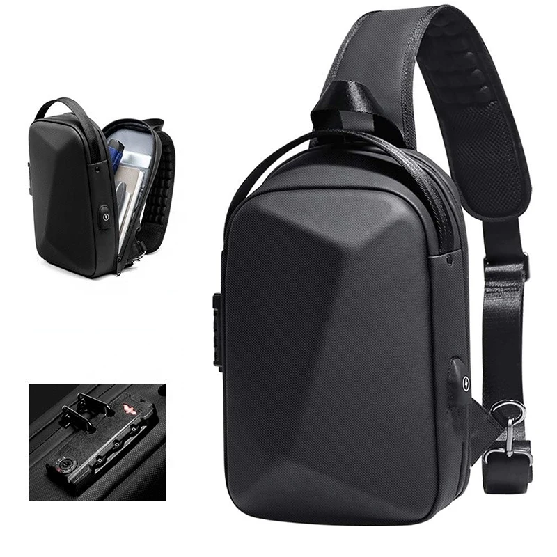 Men's Chest Bag Waterproof Anti-Theft Messenger Bag Hard Shell Shoulder Bag With USB Port Stylish Small Bag for Travel Hiking