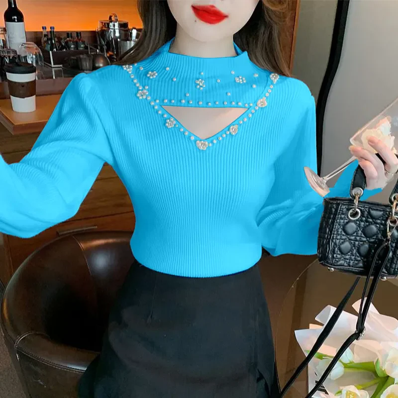 Womens Solid Heart Hollow Rhinestone Decor Long Sleeves Round Collar Skinny Knitting Blouses Tops