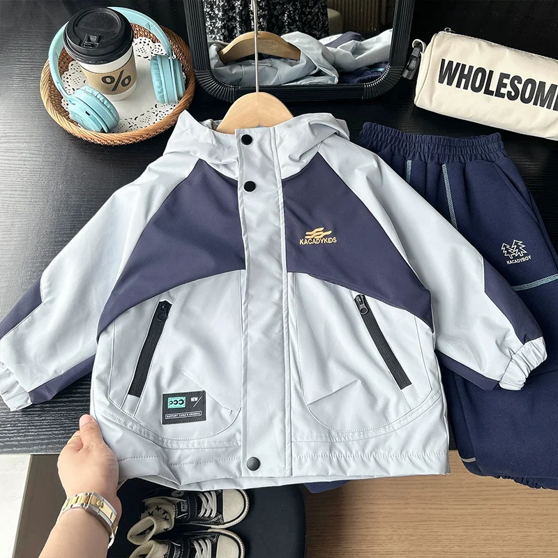 New Colorblocking Boys Jackets Spring Autumn Fashion Hooded Waterproof Windbreaker Coat For 3-10 Years Kids Outerwear Tops
