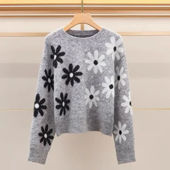 데이지 자카드 패션 느슨한 스웨터 풀오버 여성 캐주얼 우아한 숙녀 니트 긴 소매 오-넥 여성 탑 점퍼 2024