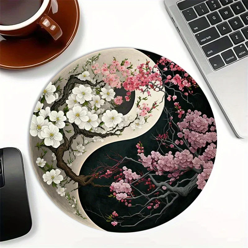 Japanese Sakura Round Mouse Pad Small Tai Chi Desk Mat Non Slip Rubber Office Home Computer Laptop