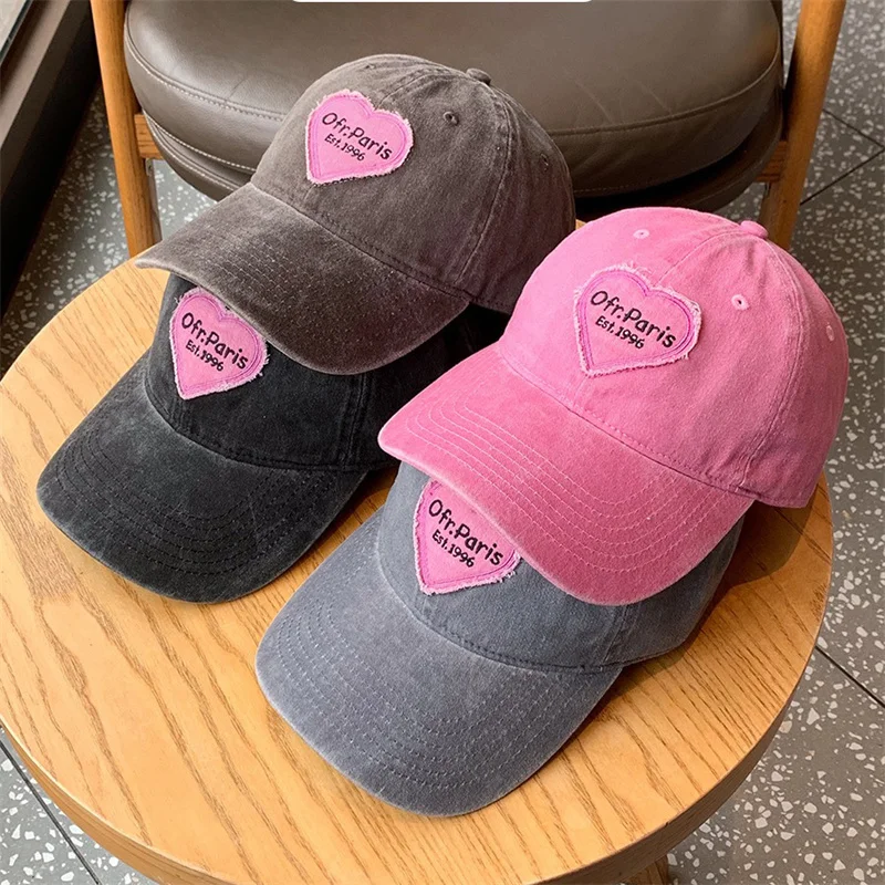 Spring Summer Washed Cotton Hat Letter Embroidered Peach Heart Baseball Cap Casual Korean Version Thin Couple Soft Top Duck Hats