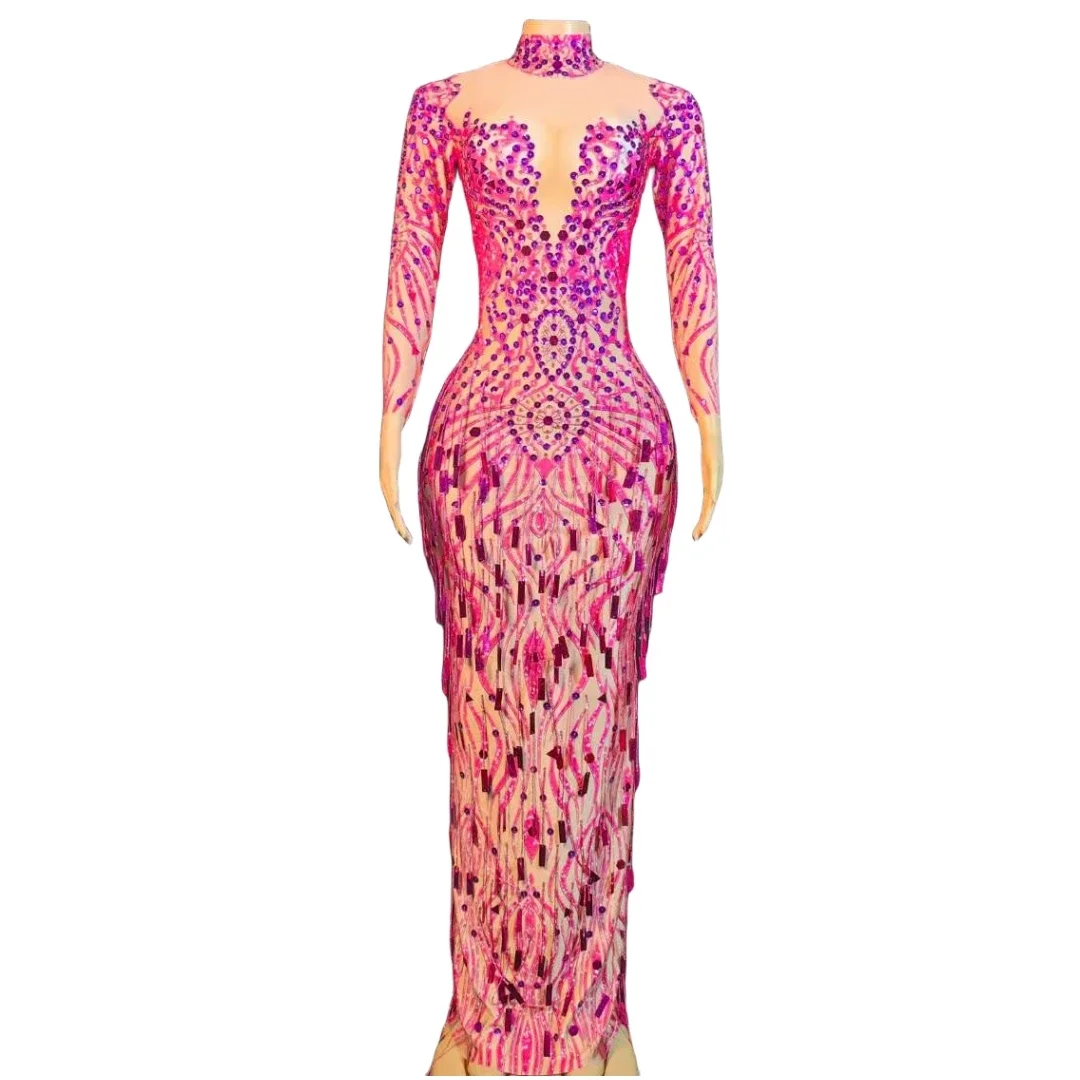 

Women Rose Red Sequin Birthday Wedding Evening Stage Stretch Fabric Rhinestone Long Dress 2025 New Drag Queen Outfit