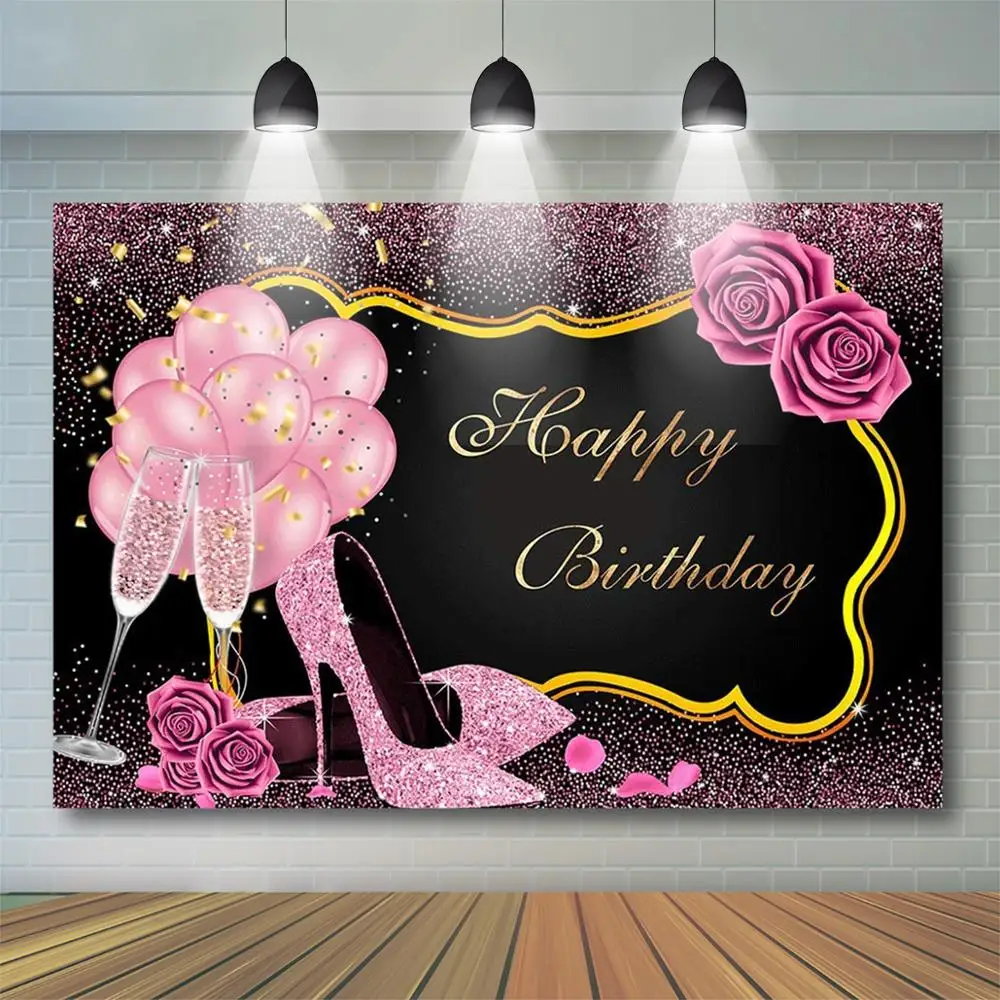 Mocsicka-Fondo de fiesta de cumpleaños para mujer, rosa brillante, lentejuelas, tacones altos, fondo de champán, decoración de feliz 40 y 50 cumpleaños