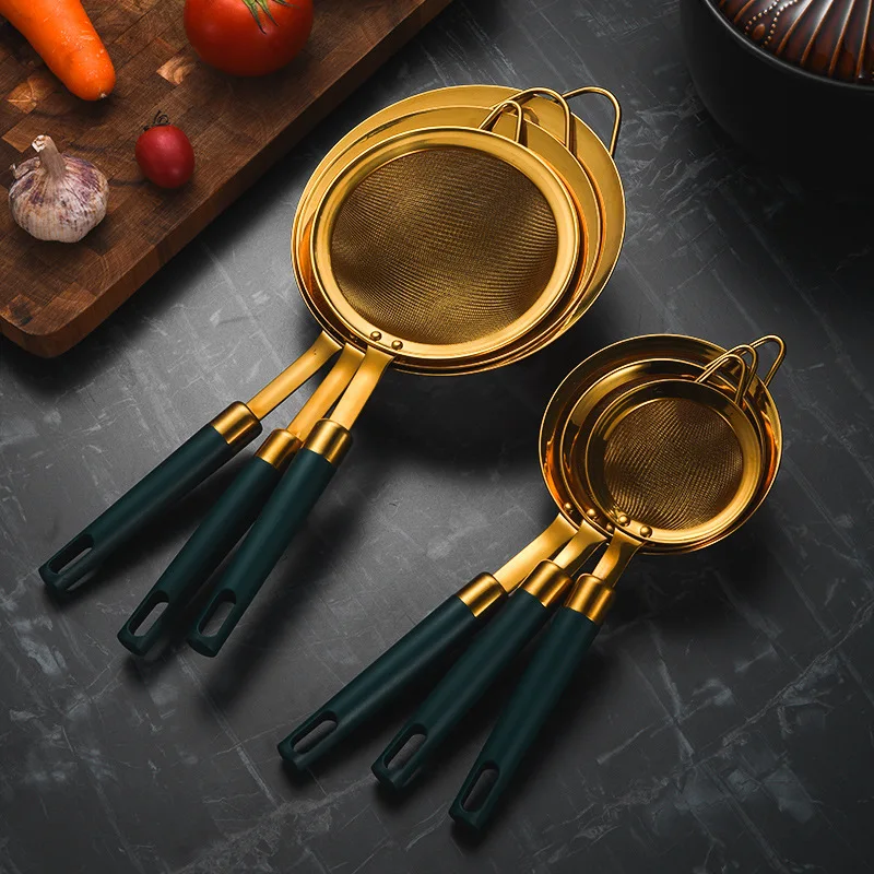 

Golden 304 Stainless Steel Kitchen Strainer Green Handle Juice Flour Sieve Skimmer Filter Spoon Long Handle Colander