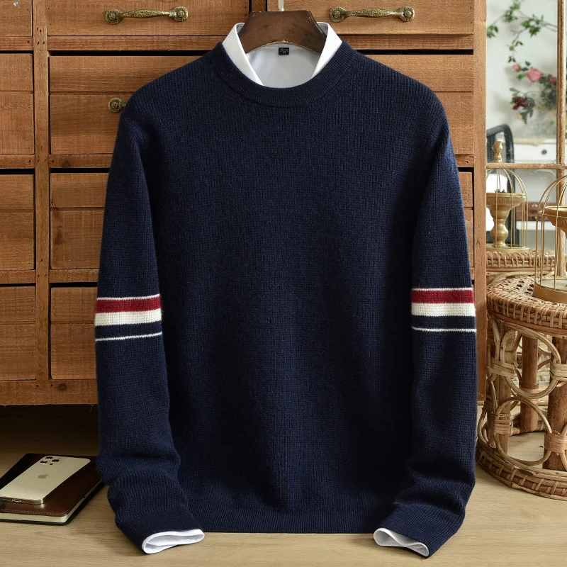 Winter High Quality Pure Cashmere Sweater Men\'s Large Thickened Round Neck Pullover Striped Jacquard Casual Knit Sweater