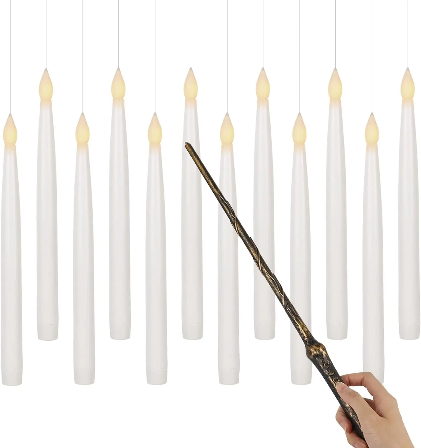 Floating Candles, 12pcs 15.5cm Hanging Flameless Taper Candles Battery Operated,with Magic Wand Remote, Halloween Christmas Gift