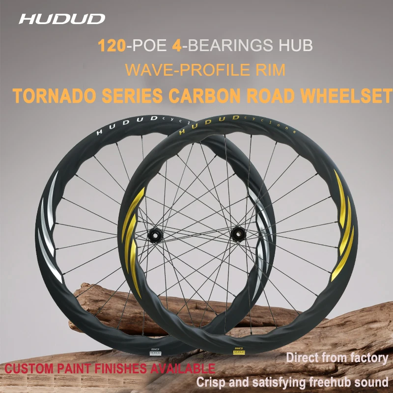 

HUDUD TEAM V5 TORNADO SERIES AERO CARBON ROAD WAVE WHEELSET | Tubeless or Clincher | V-Brake & Disc Brake Compatible | Thru-Axle