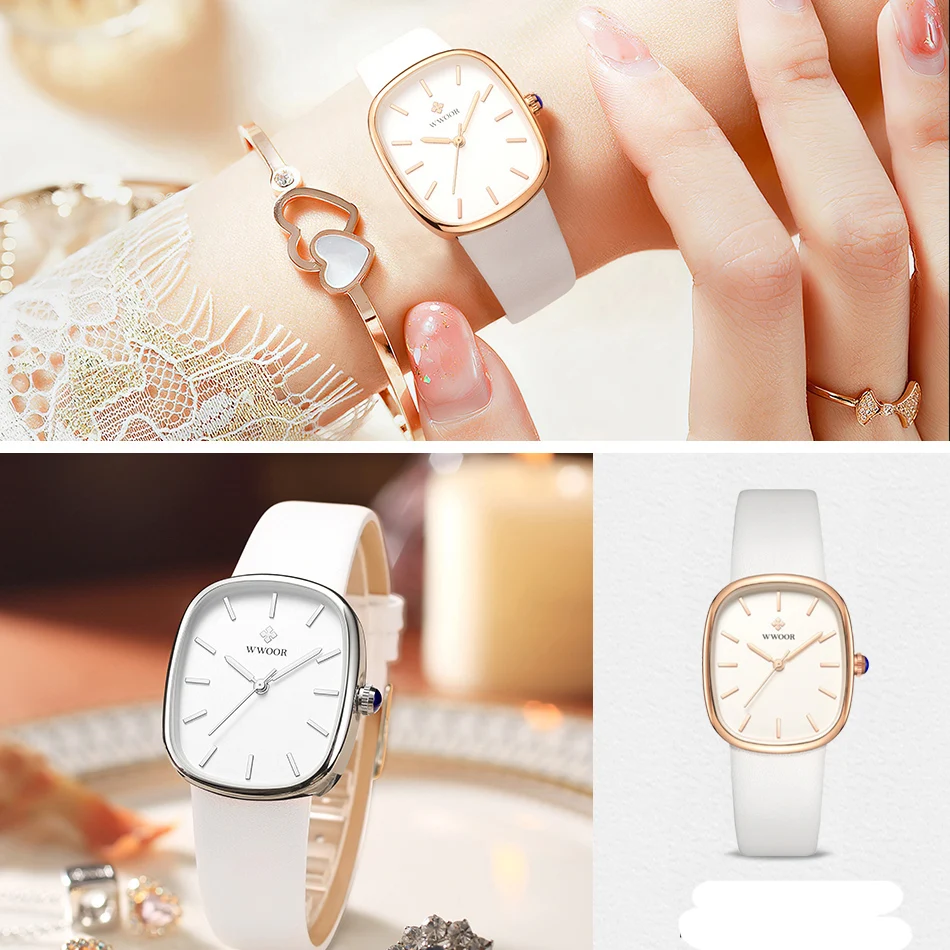 WWOOR 타원형 다이얼 여성용 시계 여성을위한 고급 가죽 스트랩 방수 쿼츠 시계 패션 단순 숙녀 복장 실버 시계